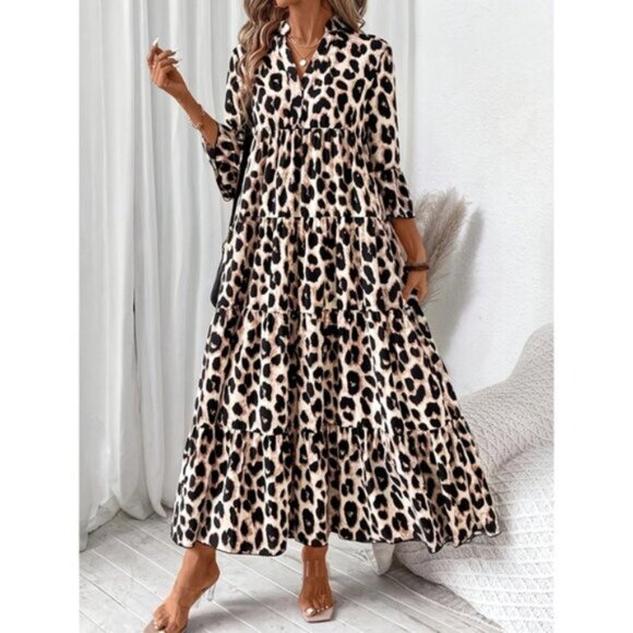 Dresses & Skirts - Elegant Leopard Print Midi Dress for Women - Comfortable, Slim Fit with Long Sle